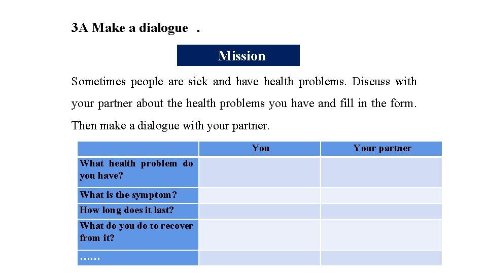 3 A Make a dialogue. Mission Sometimes people are sick and have health problems.