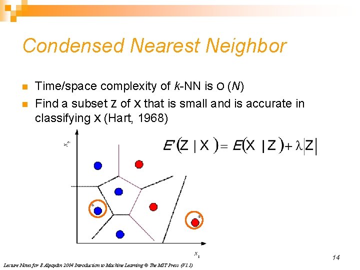 Condensed Nearest Neighbor n n Time/space complexity of k-NN is O (N) Find a