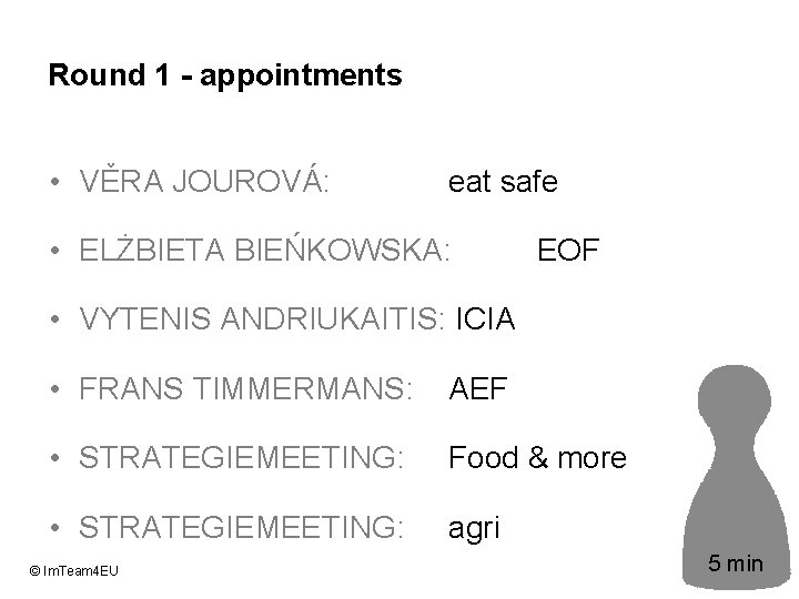 Round 1 - appointments • VĚRA JOUROVÁ: eat safe • ELŻBIETA BIEŃKOWSKA: EOF •