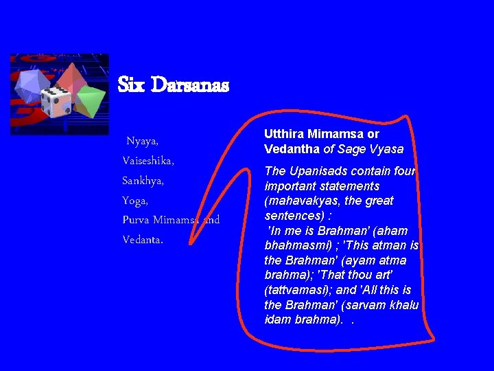 Six Darsanas Nyaya, Vaiseshika, Sankhya, Yoga, Purva Mimamsa and Vedanta. Utthira Mimamsa or Vedantha