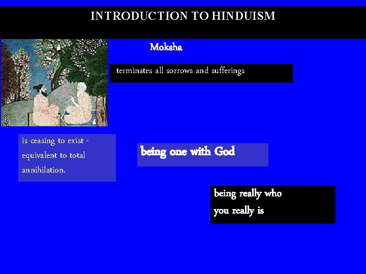 INTRODUCTION TO HINDUISM Moksha terminates all sorrows and sufferings is ceasing to exist equivalent