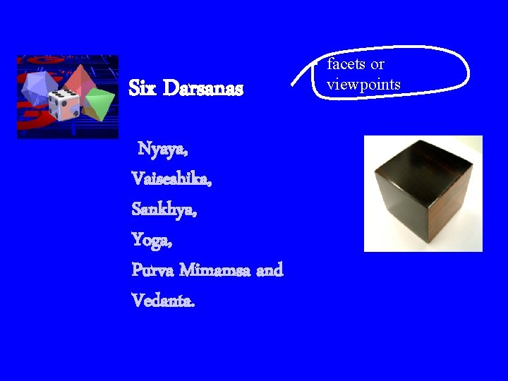 Six Darsanas Nyaya, Vaiseshika, Sankhya, Yoga, Purva Mimamsa and Vedanta. facets or viewpoints 