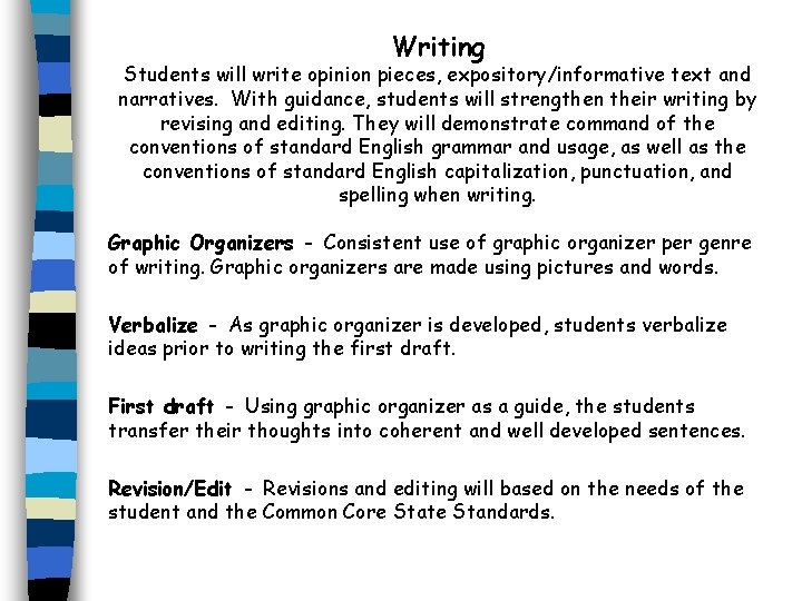 Writing Students will write opinion pieces, expository/informative text and narratives. With guidance, students will