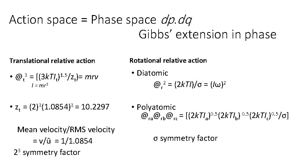 Action space = Phase space dp. dq Gibbs’ extension in phase Translational relative action