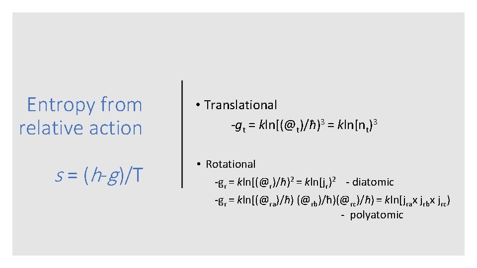 Entropy from relative action s = (h-g )/T • Translational gt = kln[(@t)/ħ)3 =