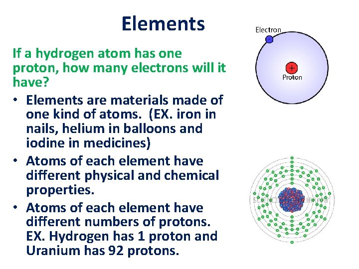 Elements If a hydrogen atom has one proton, how many electrons will it have?
