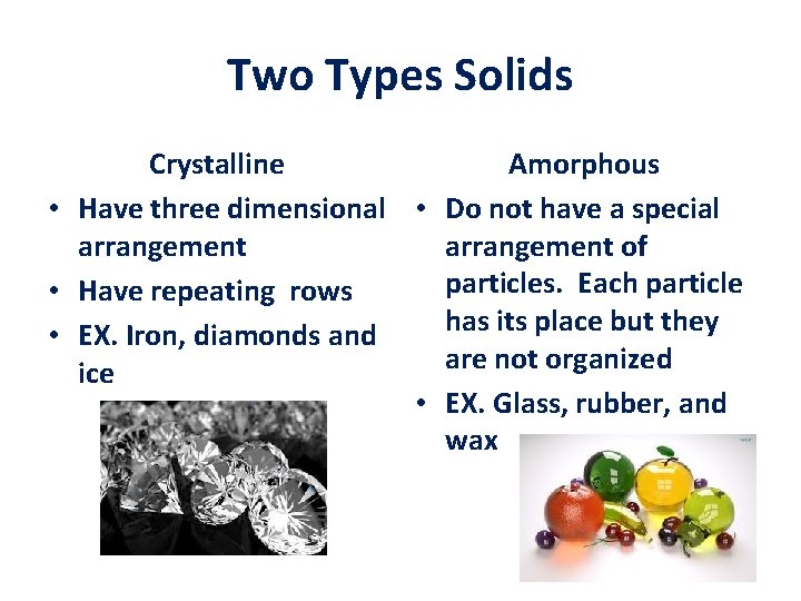 Two Types Solids Crystalline Amorphous • Have three dimensional • Do not have a