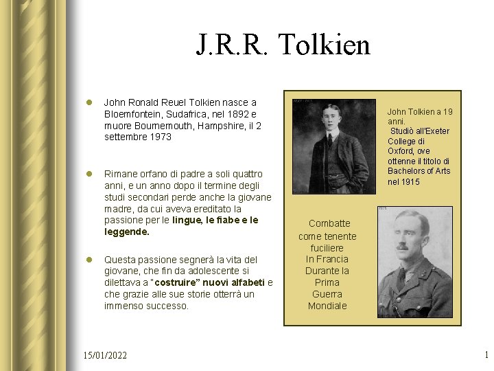J. R. R. Tolkien l John Ronald Reuel Tolkien nasce a Bloemfontein, Sudafrica, nel