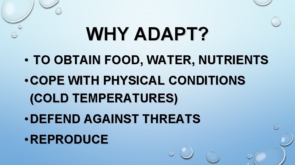 WHY ADAPT? • TO OBTAIN FOOD, WATER, NUTRIENTS • COPE WITH PHYSICAL CONDITIONS (COLD