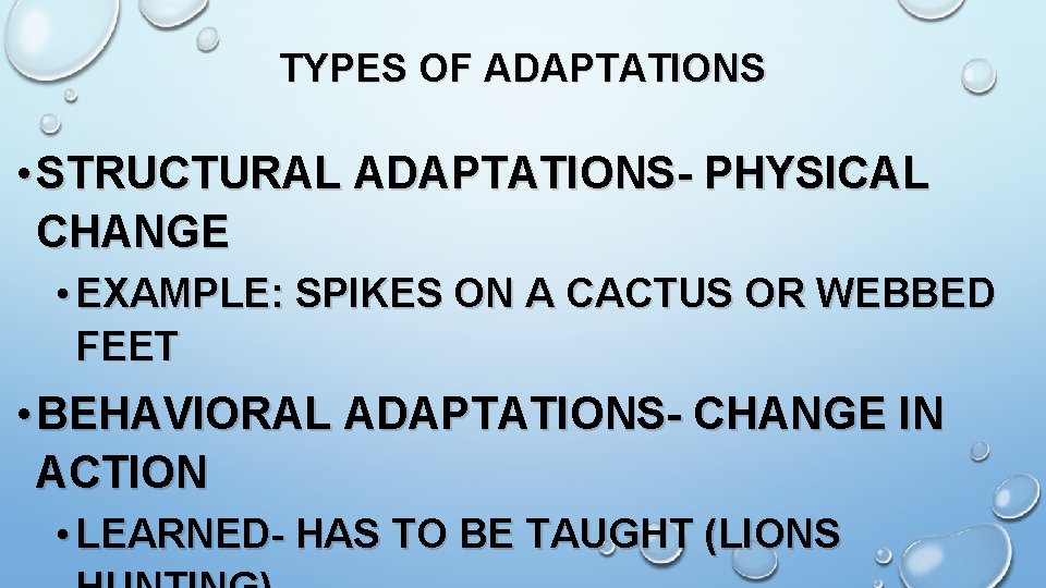 TYPES OF ADAPTATIONS • STRUCTURAL ADAPTATIONS- PHYSICAL CHANGE • EXAMPLE: SPIKES ON A CACTUS
