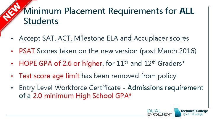 Minimum Placement Requirements for ALL Students • Accept SAT, ACT, Milestone ELA and Accuplacer