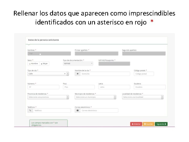 Rellenar los datos que aparecen como imprescindibles identificados con un asterisco en rojo *