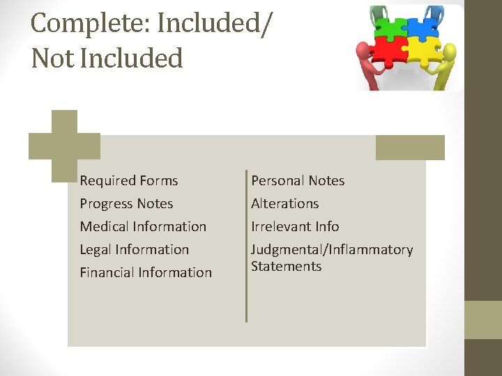 Complete: Included/ Not Included Required Forms Progress Notes Medical Information Legal Information Financial Information