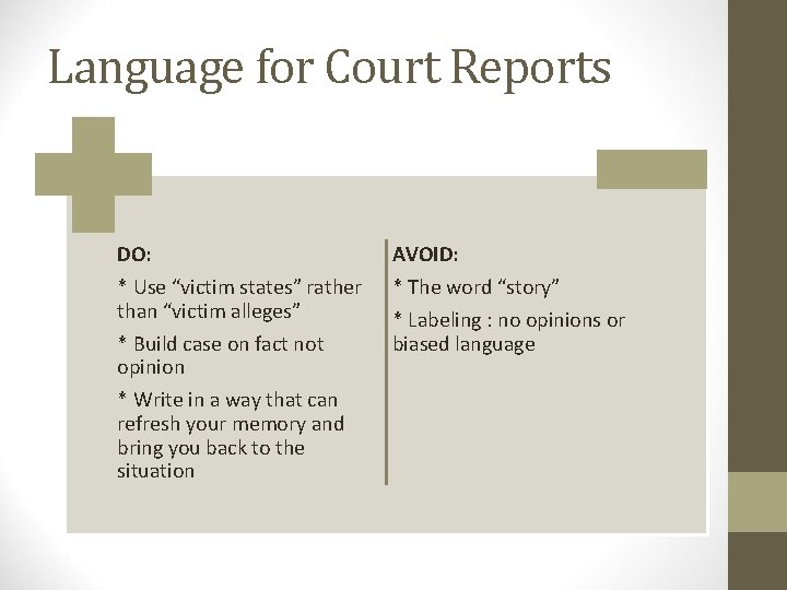Language for Court Reports DO: AVOID: * Use “victim states” rather than “victim alleges”
