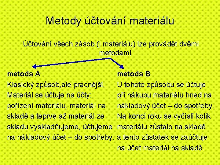 Metody účtování materiálu Účtování všech zásob (i materiálu) lze provádět dvěmi metoda A Klasický