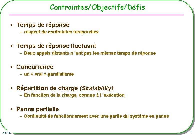 Contraintes/Objectifs/Défis • Temps de réponse – respect de contraintes temporelles • Temps de réponse Contraintes/Objectifs/Défis • Temps de réponse – respect de contraintes temporelles • Temps de réponse