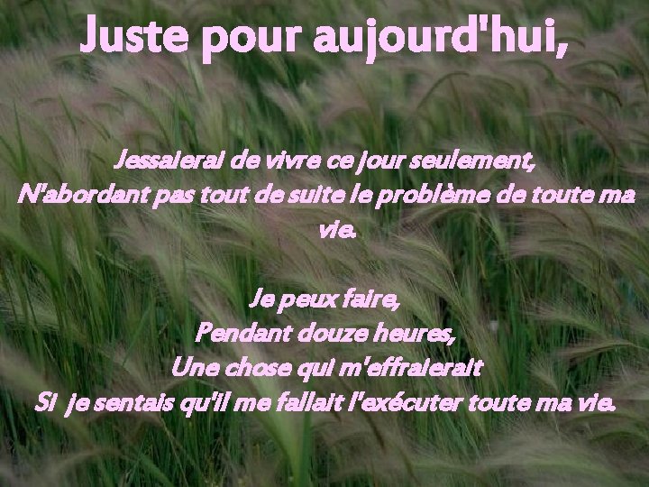 Juste pour aujourd'hui, Jessaierai de vivre ce jour seulement, N'abordant pas tout de suite