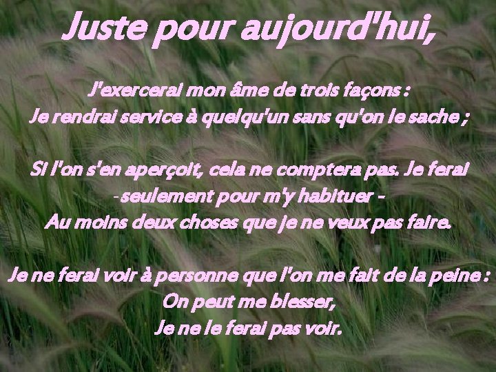 Juste pour aujourd'hui, J'exercerai mon âme de trois façons : Je rendrai service à
