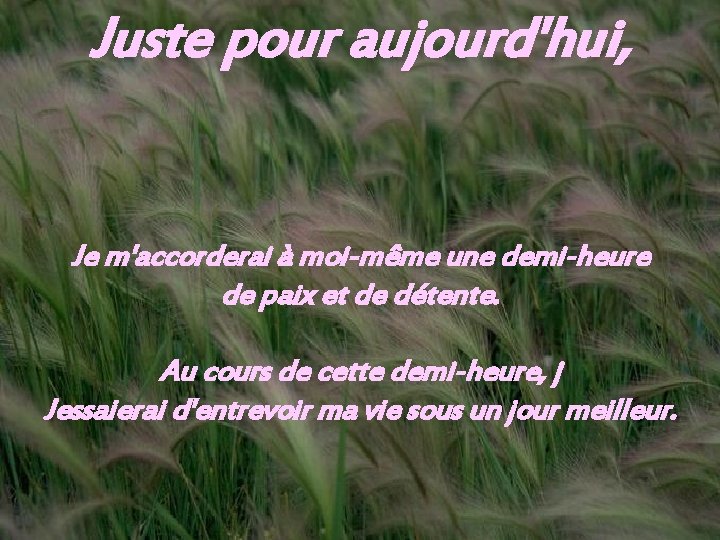 Juste pour aujourd'hui, Je m'accorderai à moi-même une demi-heure de paix et de détente.