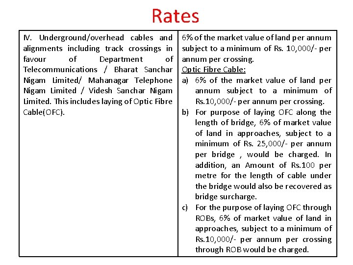 Rates IV. Underground/overhead cables and alignments including track crossings in favour of Department of