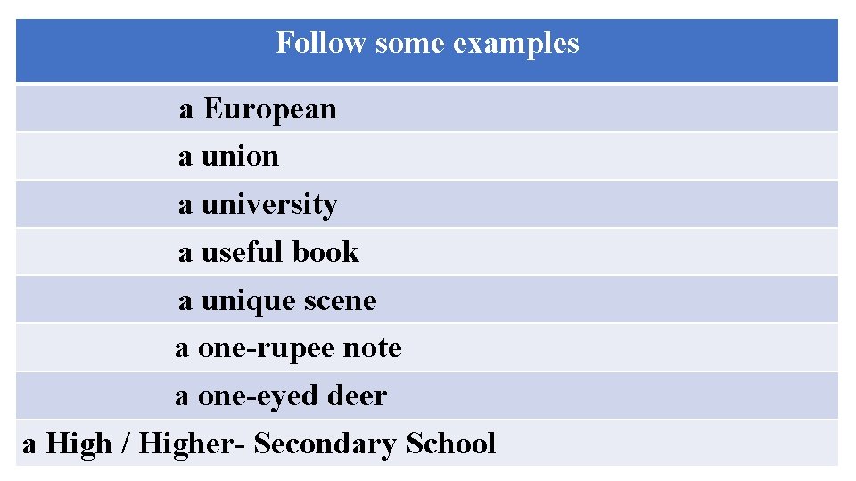 Follow some examples a European a union a university a useful book a unique