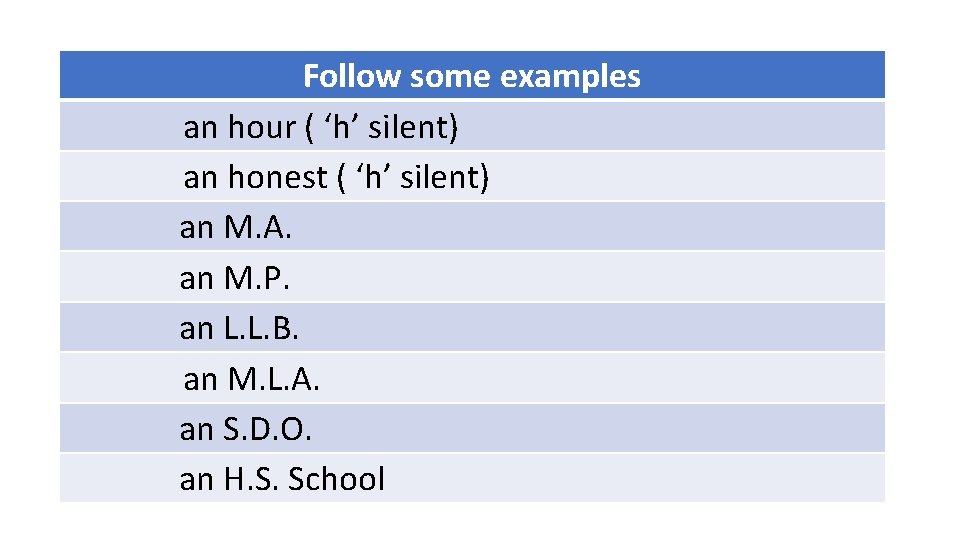 Follow some examples an hour ( ‘h’ silent) an honest ( ‘h’ silent) an