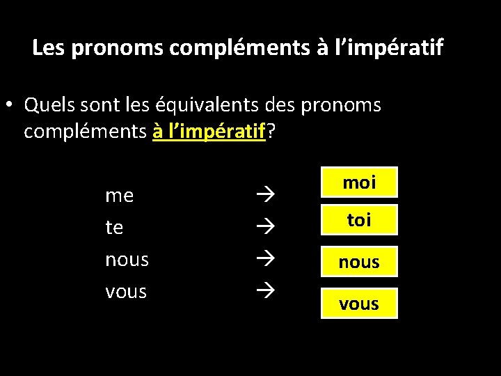 Les pronoms compléments à l’impératif • Quels sont les équivalents des pronoms compléments à
