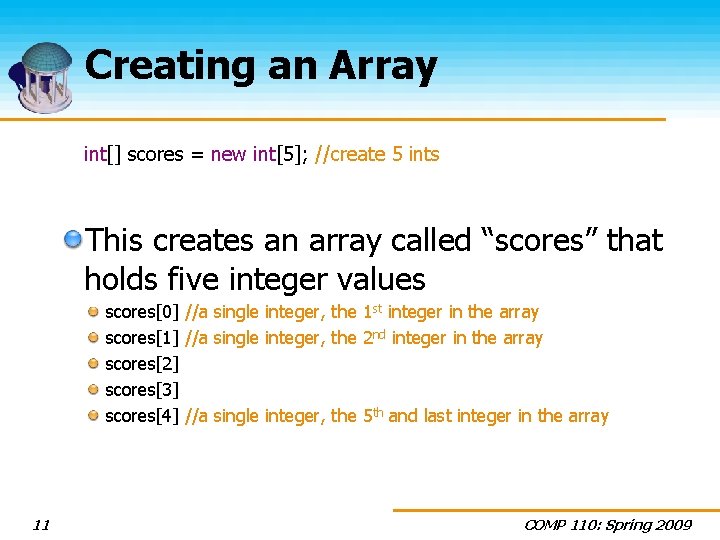 Creating an Array int[] scores = new int[5]; //create 5 ints This creates an
