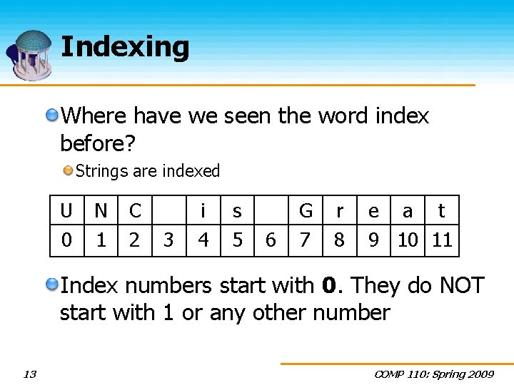 Indexing Where have we seen the word index before? Strings are indexed U 0