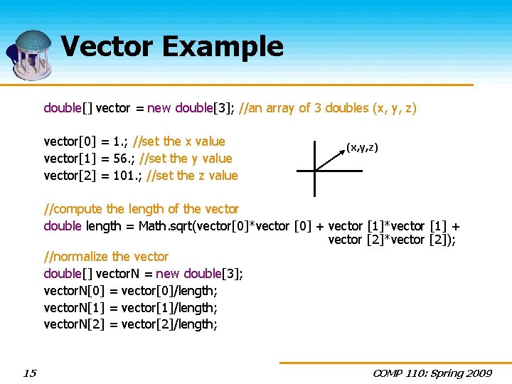 Vector Example double[] vector = new double[3]; //an array of 3 doubles (x, y,