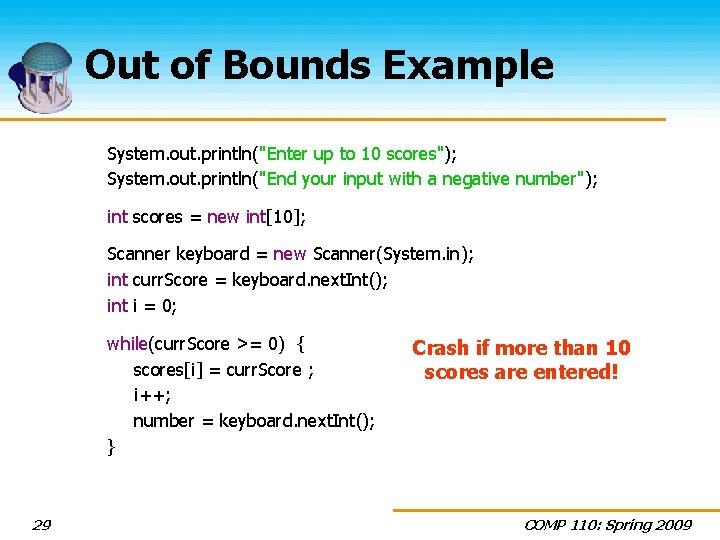 Out of Bounds Example System. out. println("Enter up to 10 scores"); System. out. println("End