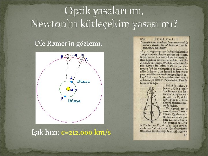 Optik yasaları mı, Newton’ın kütleçekim yasası mı? Ole Rømer’in gözlemi: Dünya Işık hızı: c=212.