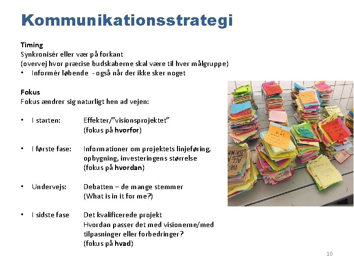 Kommunikationsstrategi Timing Synkronisér eller vær på forkant (overvej hvor præcise budskaberne skal være til