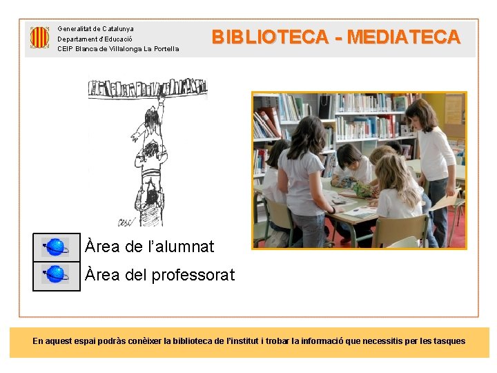 Generalitat de Catalunya Departament d’Educació CEIP Blanca de Villalonga La Portella BIBLIOTECA - MEDIATECA