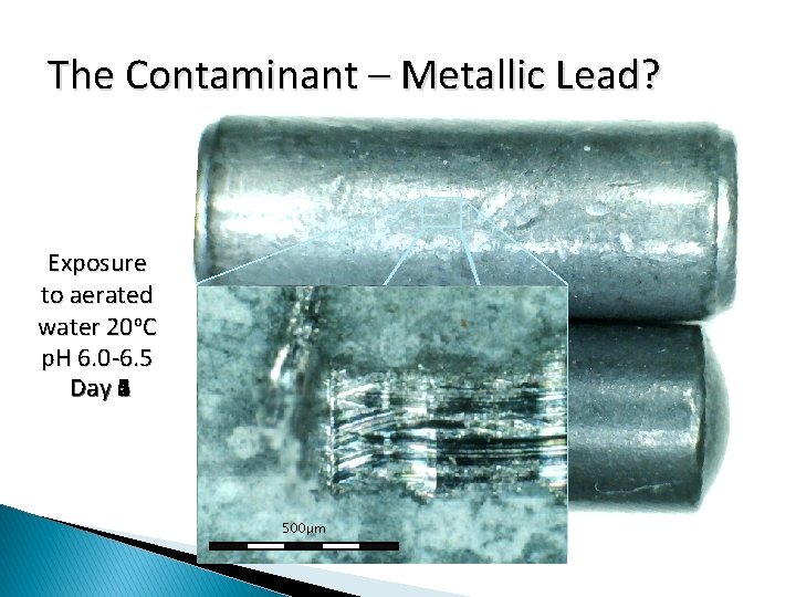 The Contaminant – Metallic Lead? Exposure to aerated water 20 o. C p. H