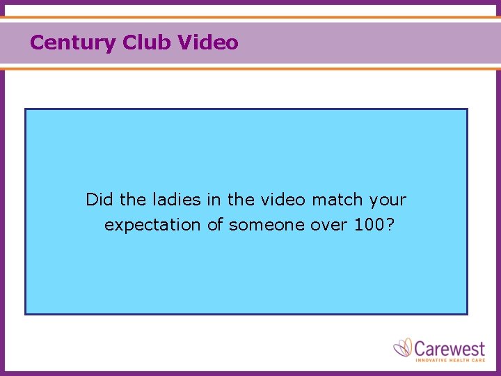 Century Club Video Did the ladies in the video match your expectation of someone