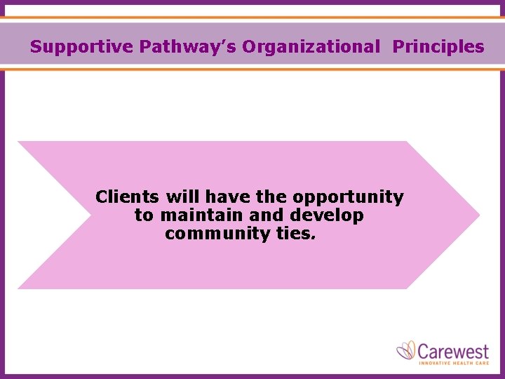 Supportive Pathway’s Organizational Principles Clients will have the opportunity to maintain and develop community