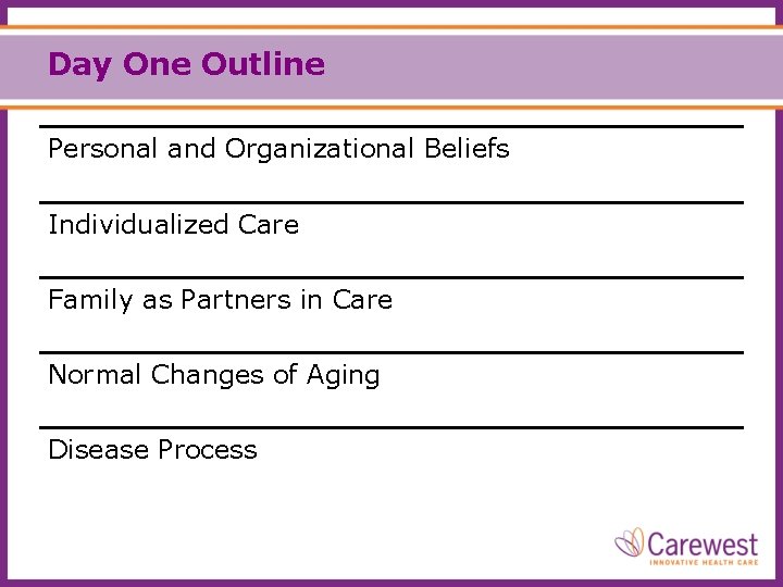 Day One Outline Personal and Organizational Beliefs Individualized Care Family as Partners in Care