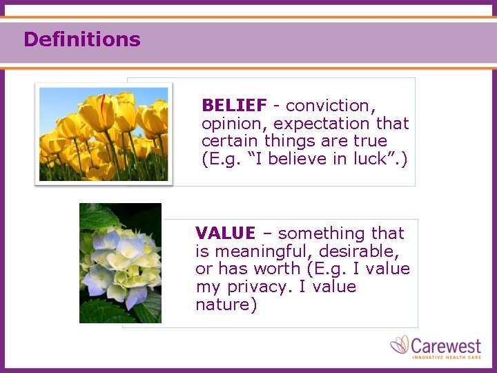 Definitions BELIEF - conviction, opinion, expectation that certain things are true (E. g. “I