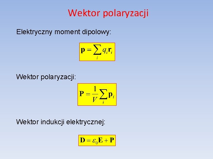 Wektor polaryzacji Elektryczny moment dipolowy: Wektor polaryzacji: Wektor indukcji elektrycznej: 