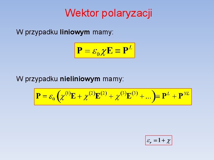 Wektor polaryzacji W przypadku liniowym mamy: W przypadku nieliniowym mamy: 