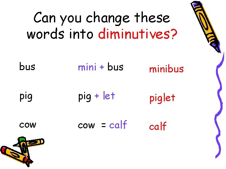 Can you change these words into diminutives? bus mini + bus minibus pig +