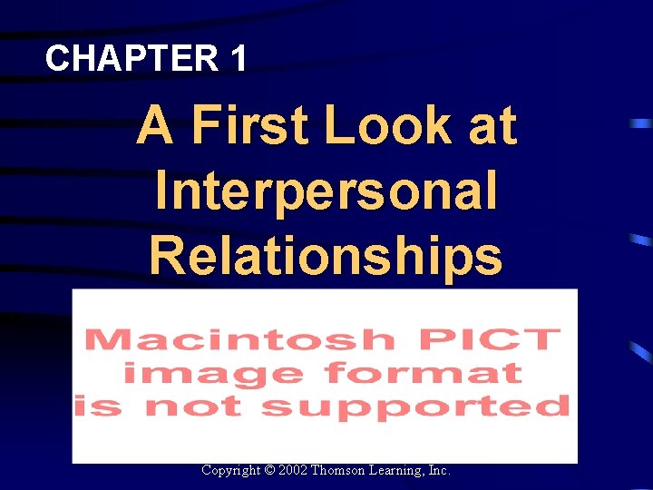 CHAPTER 1 A First Look at Interpersonal Relationships Copyright © 2002 Thomson Learning, Inc.