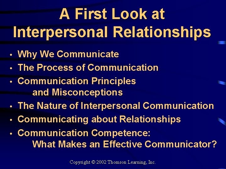 A First Look at Interpersonal Relationships • • • Why We Communicate The Process