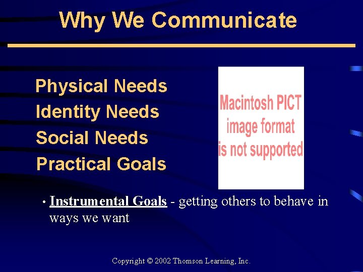Why We Communicate Physical Needs Identity Needs Social Needs Practical Goals • Instrumental Goals