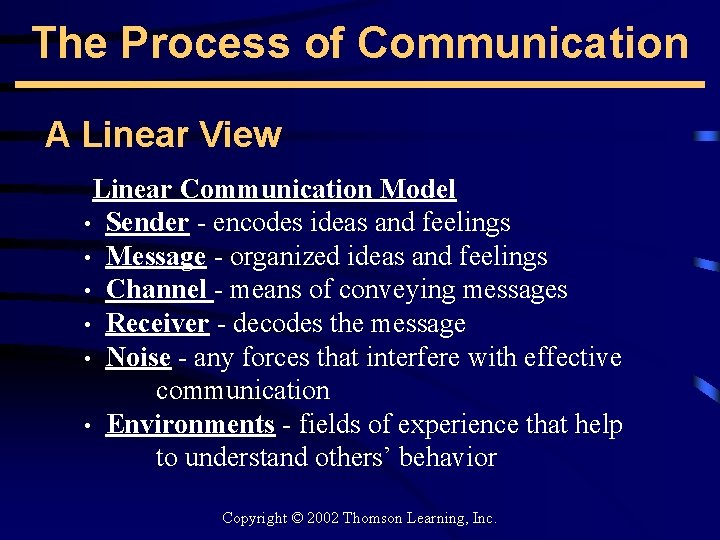 The Process of Communication A Linear View Linear Communication Model • Sender - encodes
