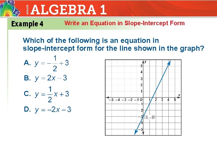 Write an Equation in Slope-Intercept Form Which of the following is an equation in