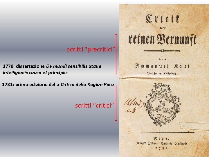 scritti “precritici” 1770: dissertazione De mundi sensibilis atque intelligibilis causa et principiis 1781: prima