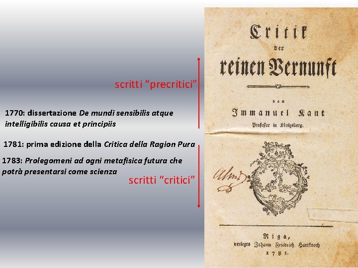 scritti “precritici” 1770: dissertazione De mundi sensibilis atque intelligibilis causa et principiis 1781: prima