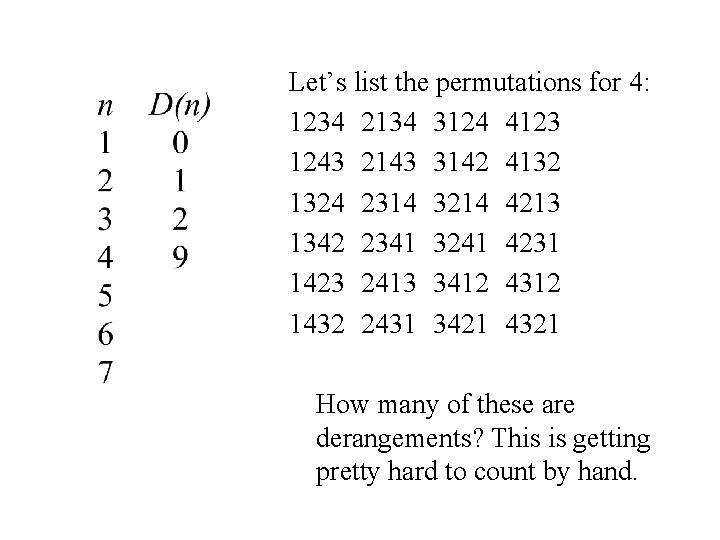 Let’s list the permutations for 4: 1234 2134 3124 4123 1243 2143 3142 4132